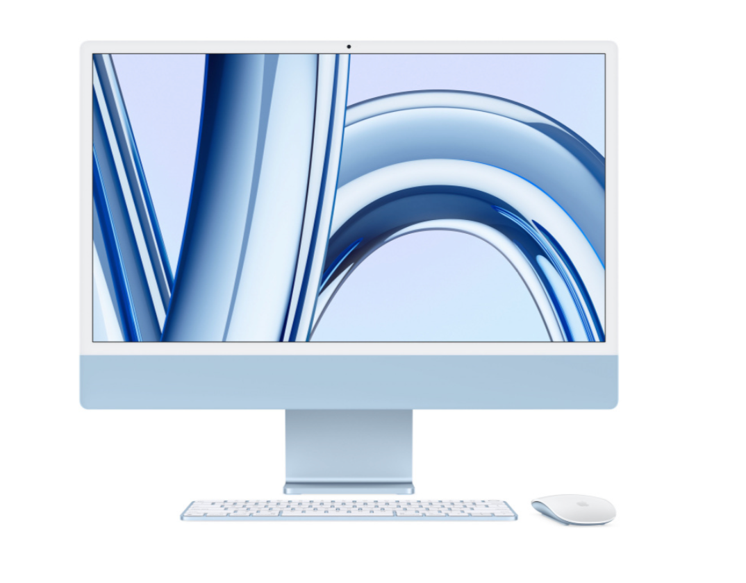 Apple iMac (2023) 24" M3 8 Core, 8‑core GPU, 8GB ram, 256GB SSD Ethernet, Qwerty, Blauw