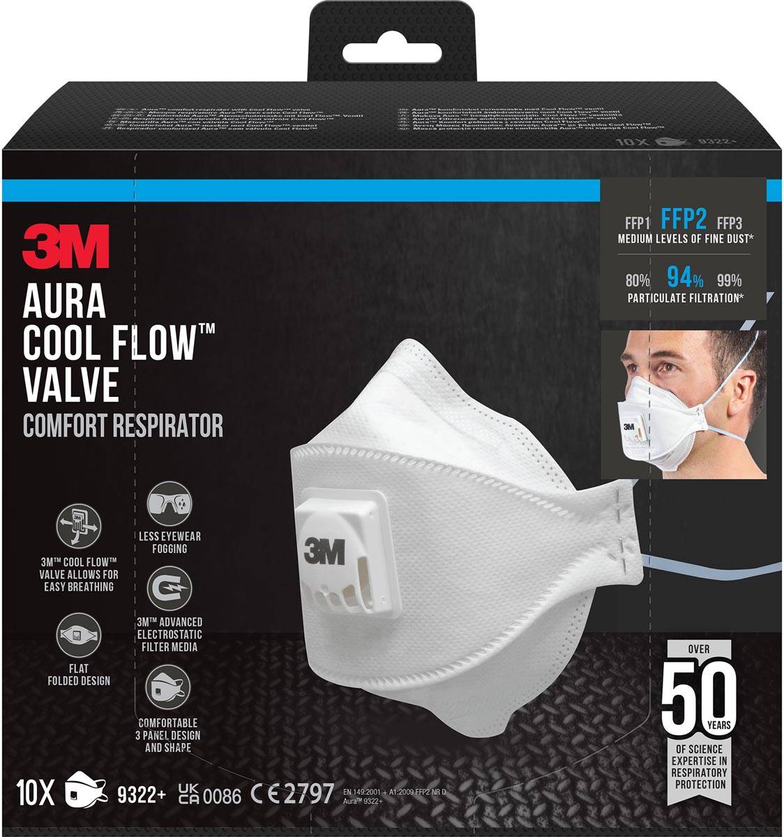 3M Aura Comfort Cool Flow stofmasker, FFP2, met ventiel, pak van 10 stuks