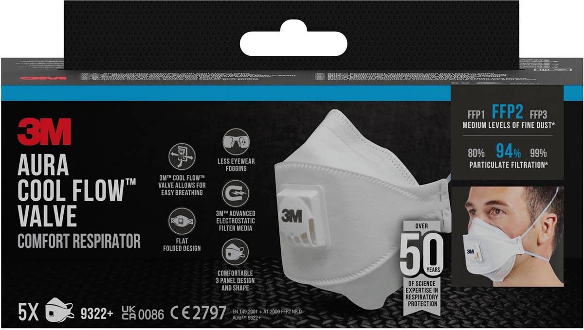 3M Aura Comfort Cool Flow stofmasker, FFP2, met ventiel, pak van 5 stuks