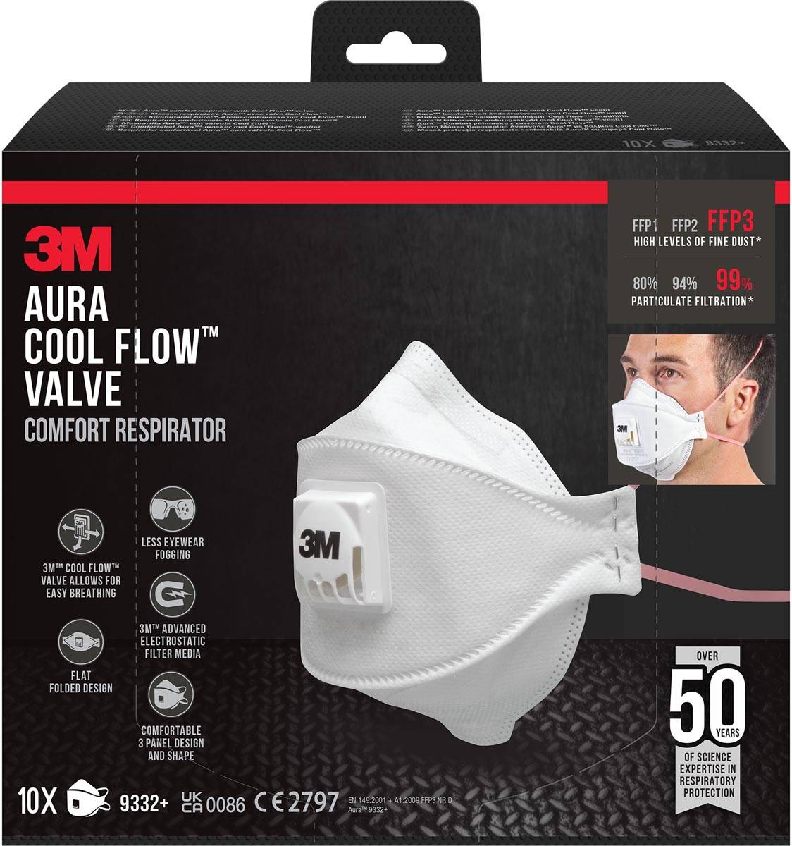 3M Aura Comfort Cool Flow stofmasker, FFP3, met ventiel, pak van 10 stuks
