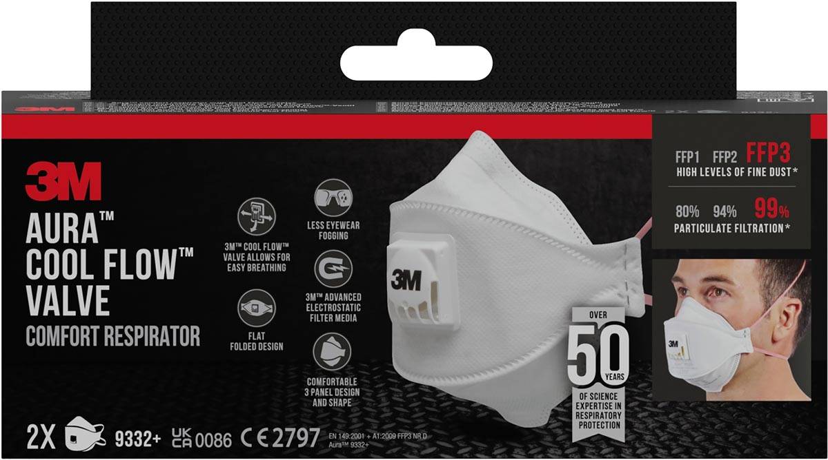 3M Aura Comfort Cool Flow stofmasker, FFP3, met ventiel, pak van 2 stuks