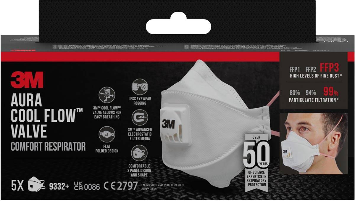 3M Aura Comfort Cool Flow stofmasker, FFP3, met ventiel, pak van 5 stuks