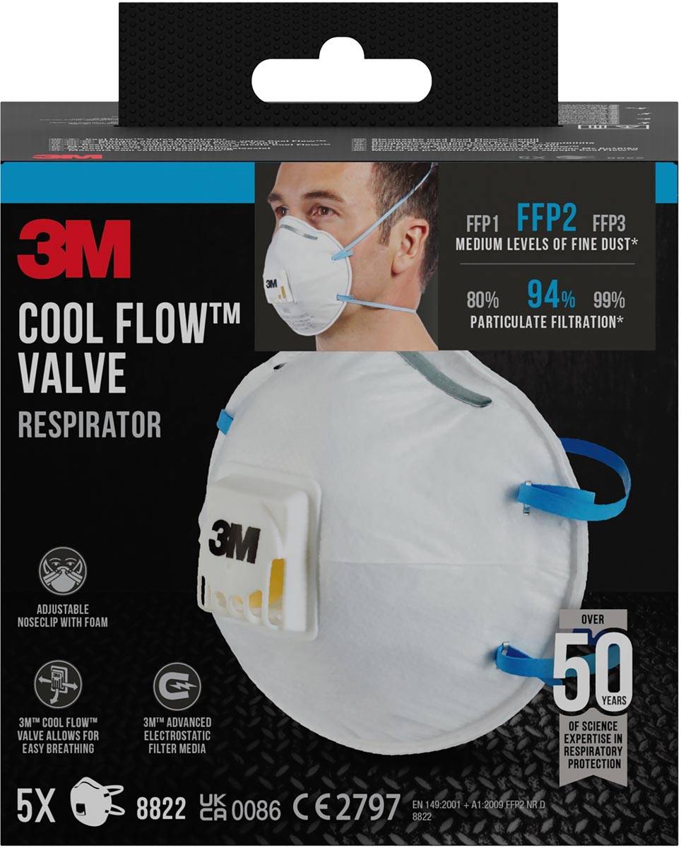 3M Cool Flow stofmasker, FFP2, met ventiel, pak van 5 stuks
