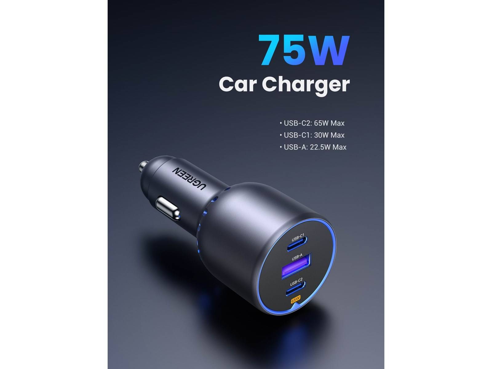 Ugreen 75W 3-Port Fast Car Charg gray Mobiele computer, Mobiele telefoon, Smartwatch, Tablet, Telefoon Grijs Sigarettenaansteker Snel opladen Auto