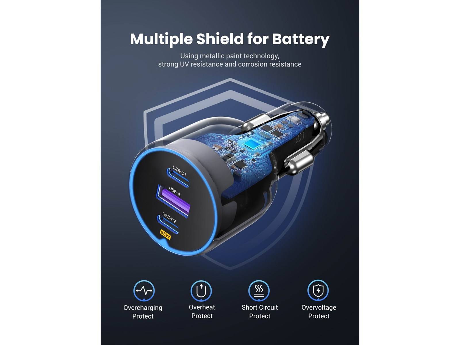 Ugreen 75W 3-Port Fast Car Charg gray Mobiele computer, Mobiele telefoon, Smartwatch, Tablet, Telefoon Grijs Sigarettenaansteker Snel opladen Auto