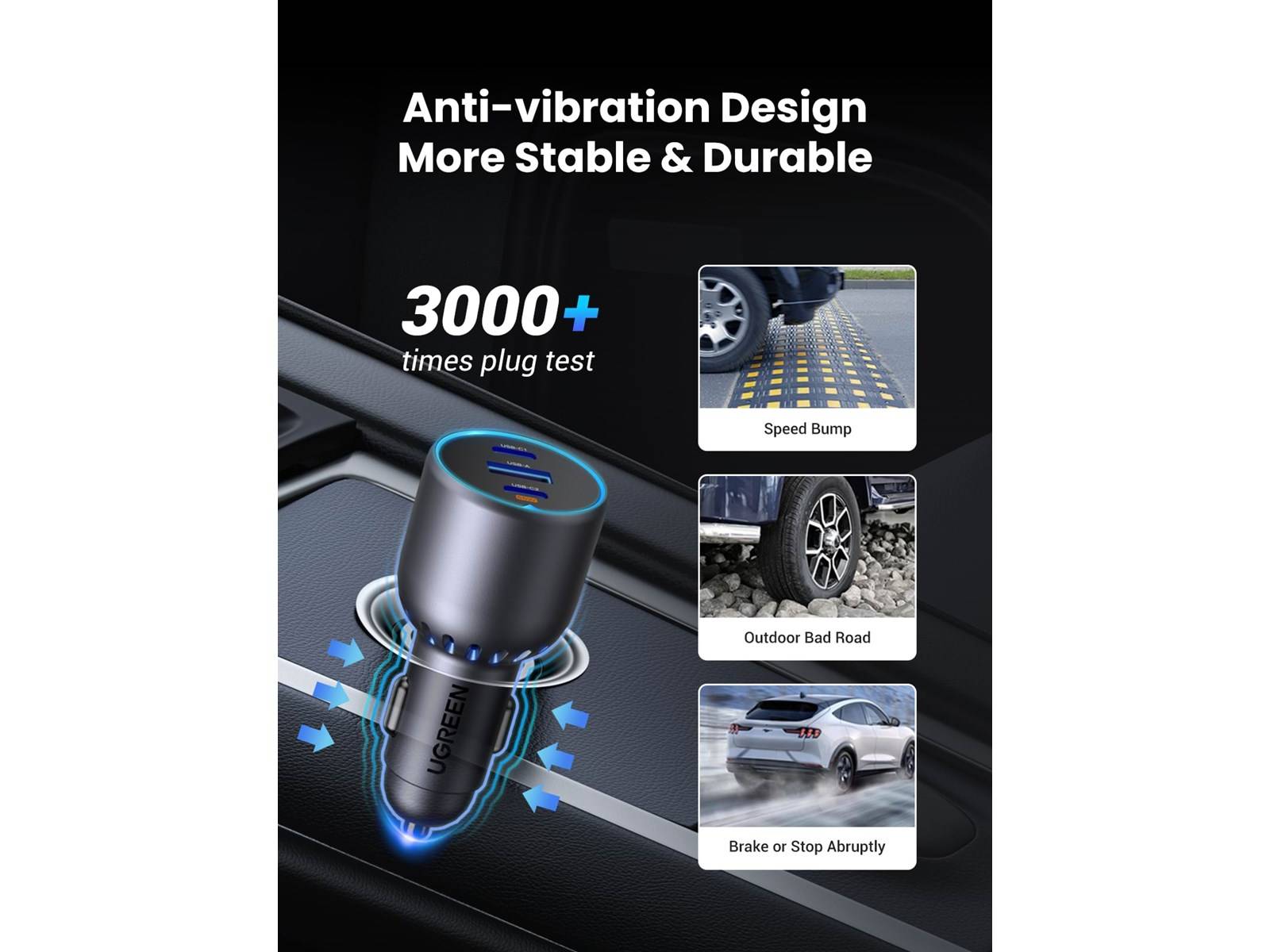 Ugreen 75W 3-Port Fast Car Charg gray Mobiele computer, Mobiele telefoon, Smartwatch, Tablet, Telefoon Grijs Sigarettenaansteker Snel opladen Auto