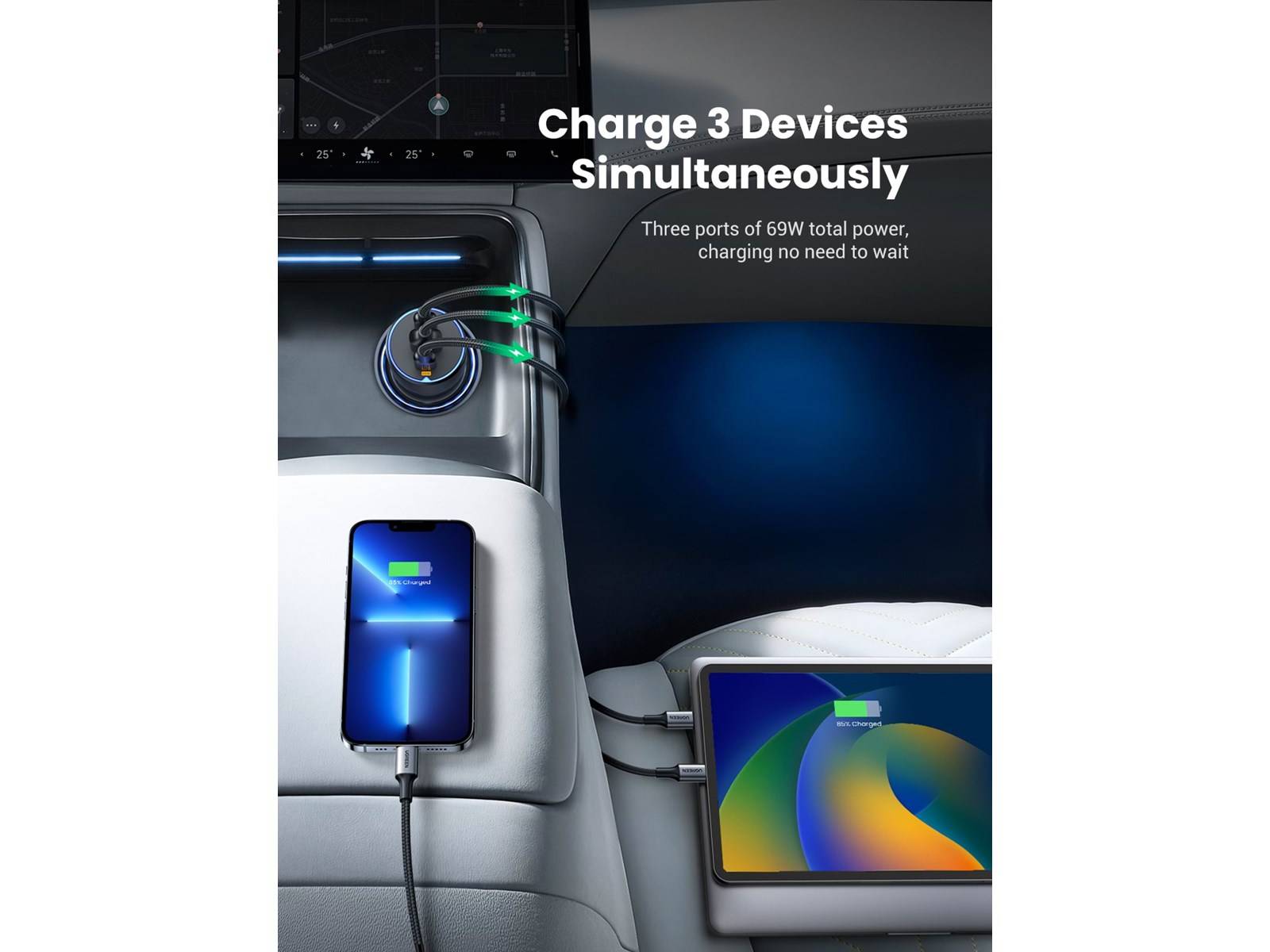 Ugreen 75W 3-Port Fast Car Charg gray Mobiele computer, Mobiele telefoon, Smartwatch, Tablet, Telefoon Grijs Sigarettenaansteker Snel opladen Auto