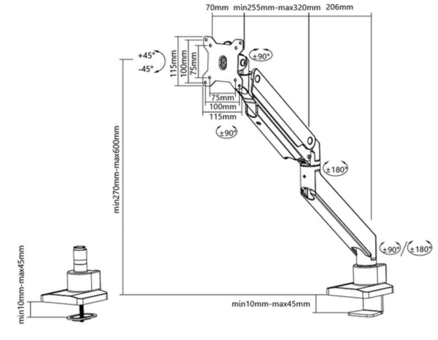 Neomounts NM-D775BLACKPLUS Monitorarm 10-49" - gasveer - Topfix - 180°-stop