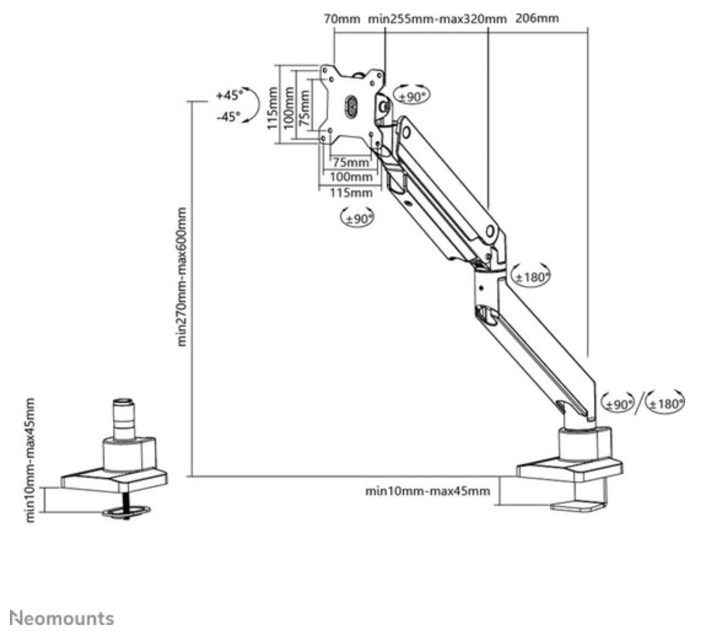 Neomounts NM-D775SILVERPLUS Monitorarm 10-49" - gasveer - Topfix - 180°-stop