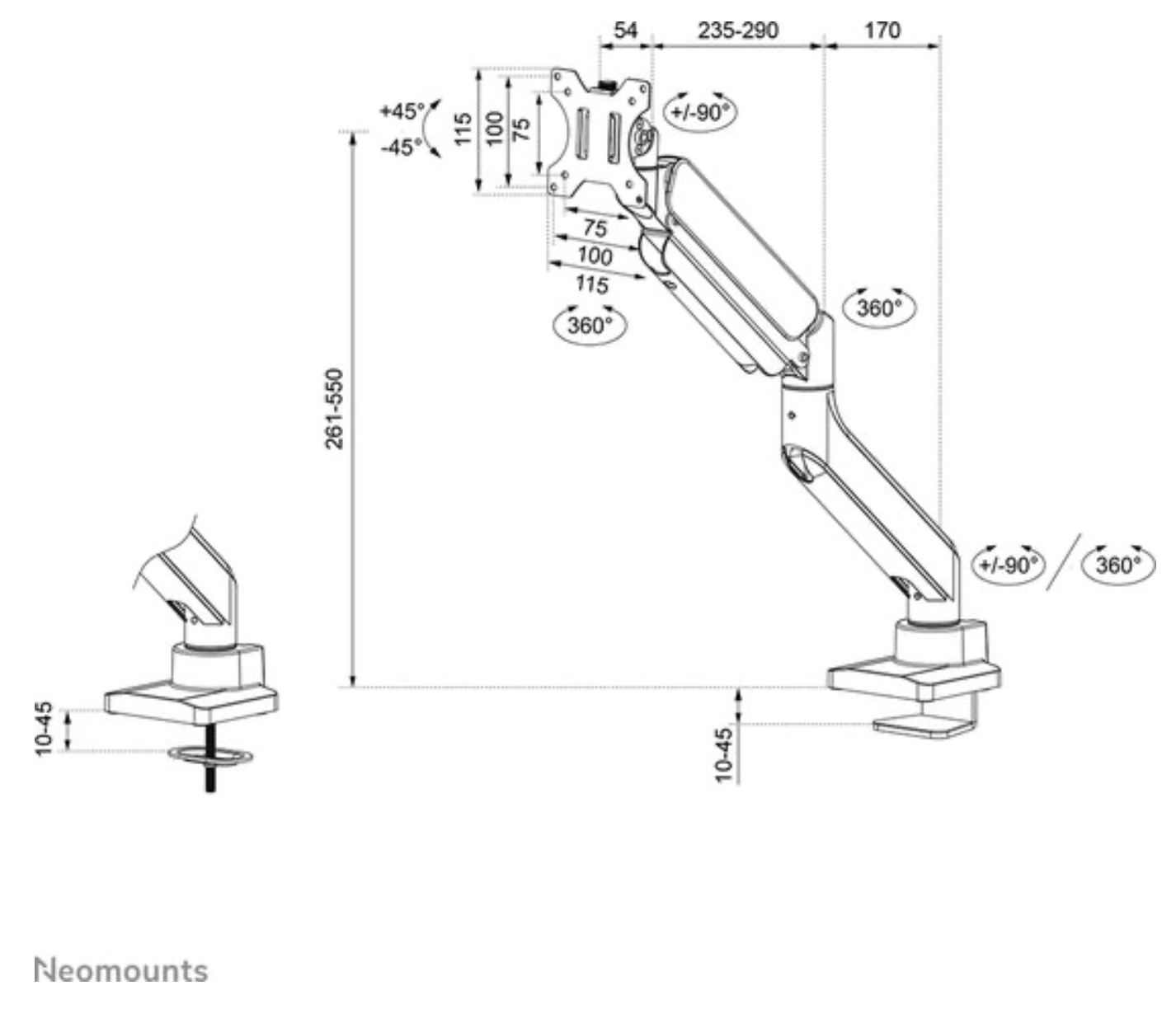 Neomounts DS70PLUS-450WH1 Monitorarm 17-49" - gasveer - Topfix - 180°-stop