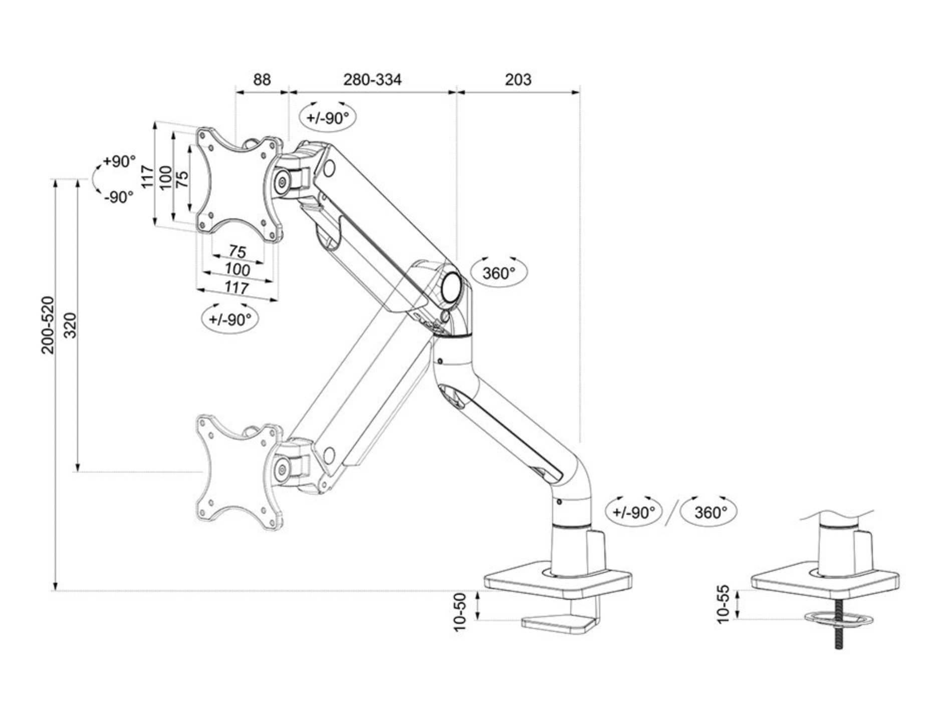 Neomounts DS70S-950WH1 Monitorarm 17-49" - gasveer - Topfix - 180°-stop