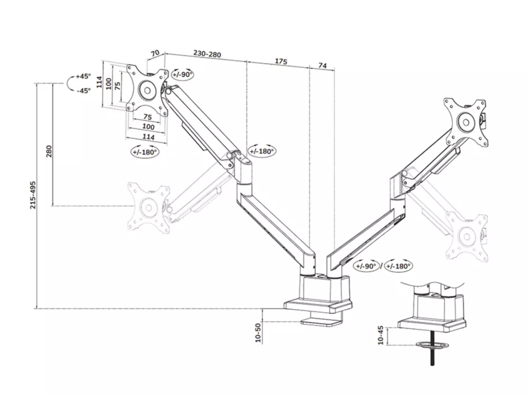 Neomounts DS70-250BL2 Monitorarm 17-32" - gasveer - Topfix - 180°-stop