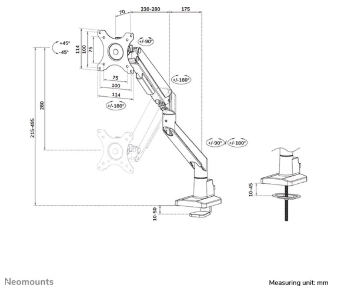 Neomounts NEXT Slim DS70-250WH1 Monitorarm 1 scherm - 17-35" - 1-9 kg (curved 8 kg) - gasveer - 180°-stop - Topfix - Easy Install-model - 100% plasticvrije verpakking - wit