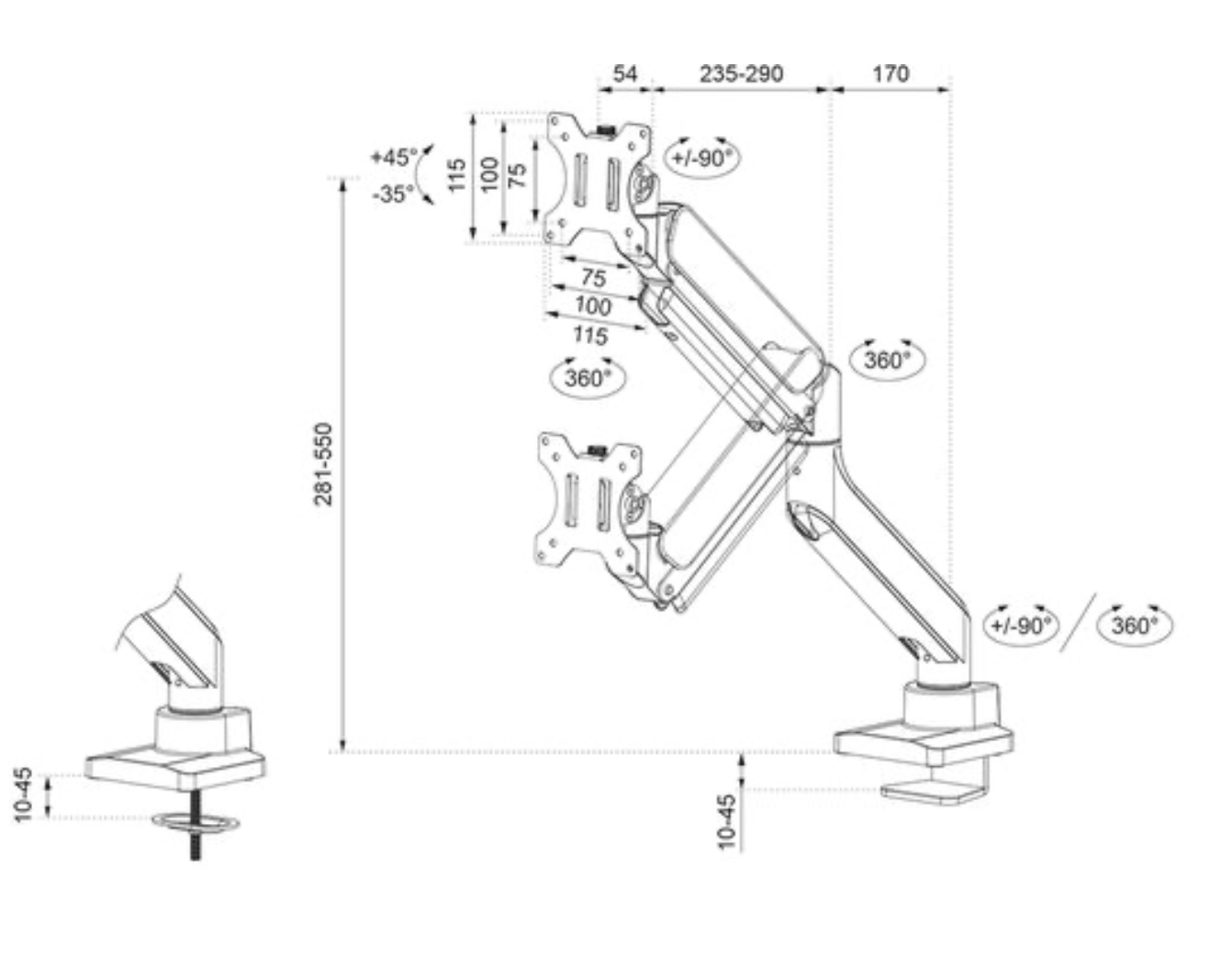 Neomounts DS70-450BL1 Monitorarm 17-42" - gasveer - Topfix - 180°-stop
