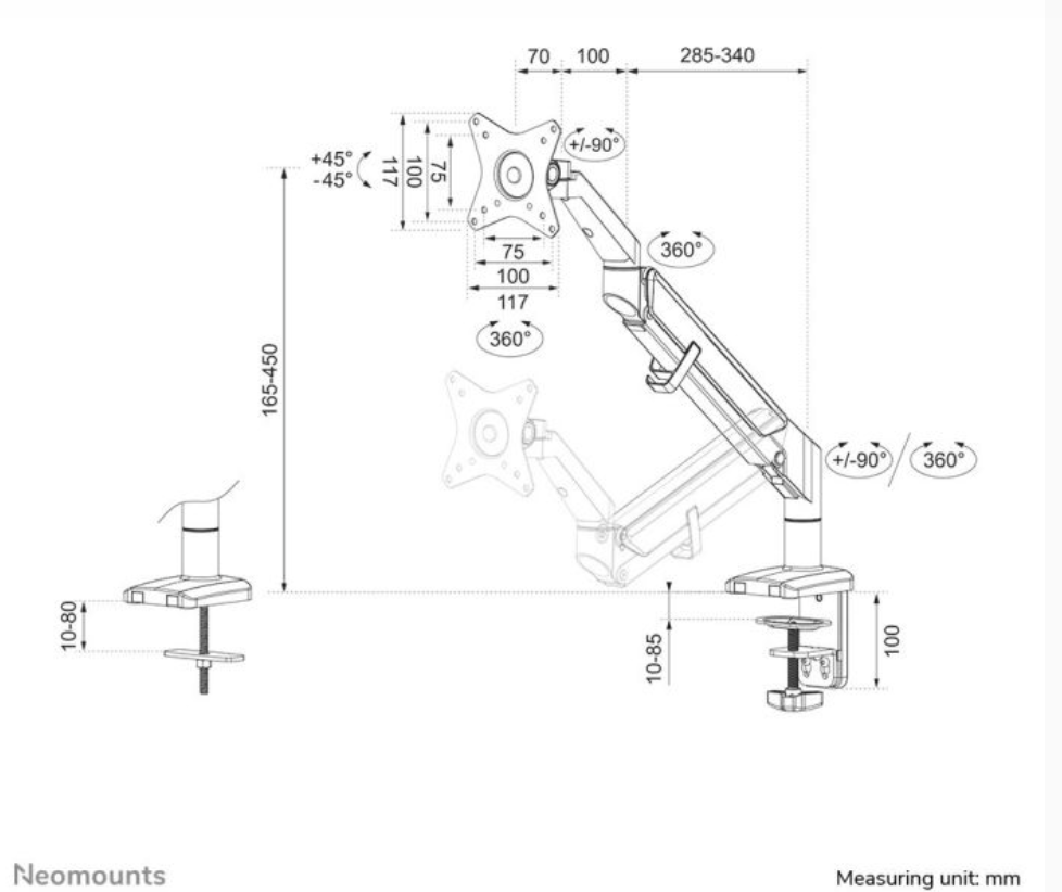Neomounts DS70-810BL1 Monitorarm 17-32" - gasveer - ruimtebesparend - 180°-stop