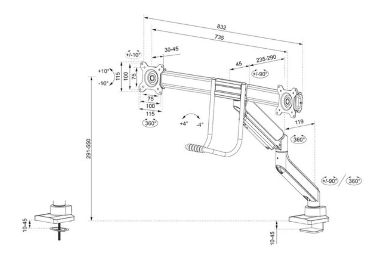 Neomounts DS75-450BL2 Monitorarm 17-32" - gasveer - Topfix - 180°-stop