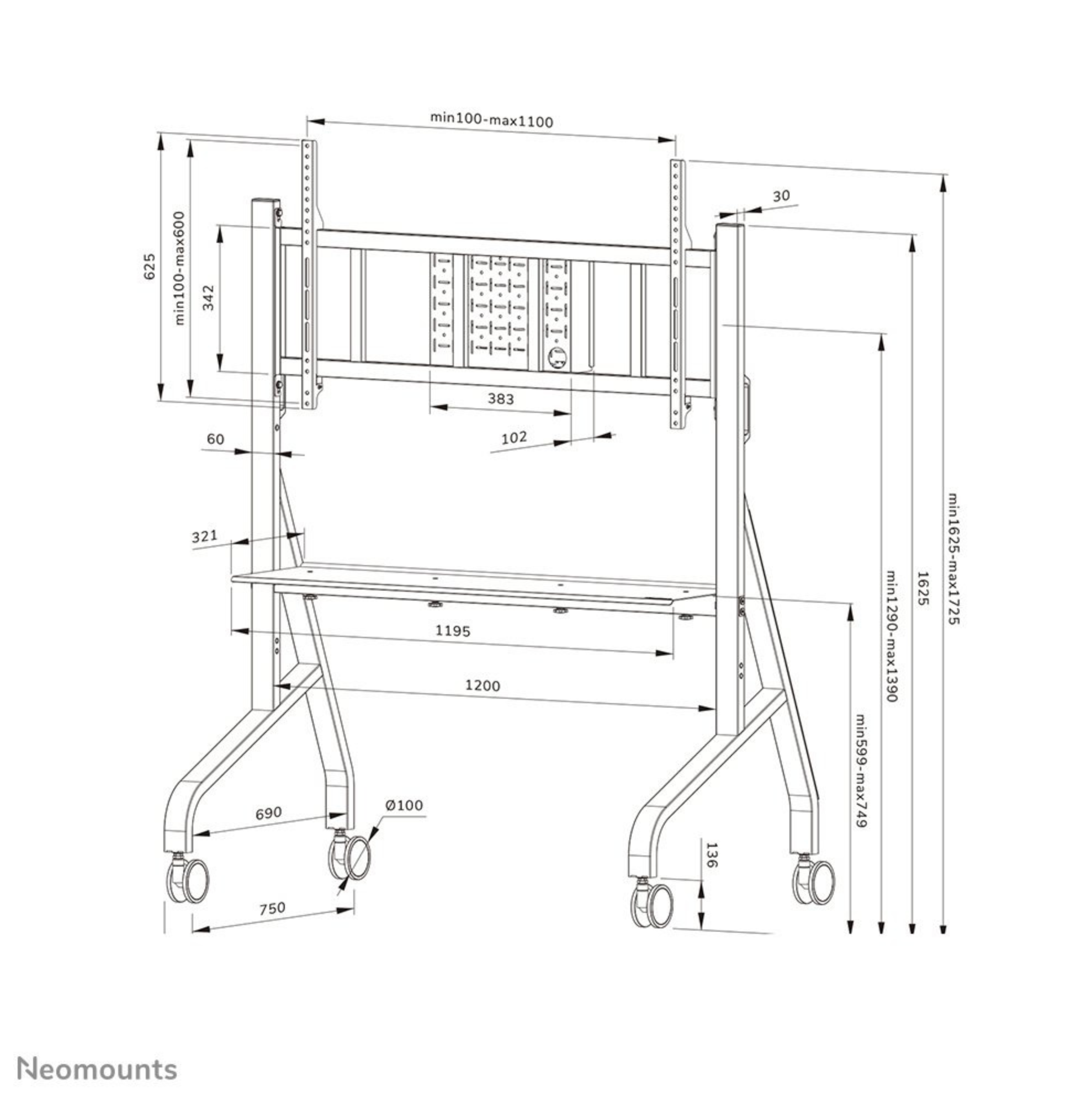 Neomounts FL50-575WH1 TV trolley 65-110" - snelle installatie - TÜV