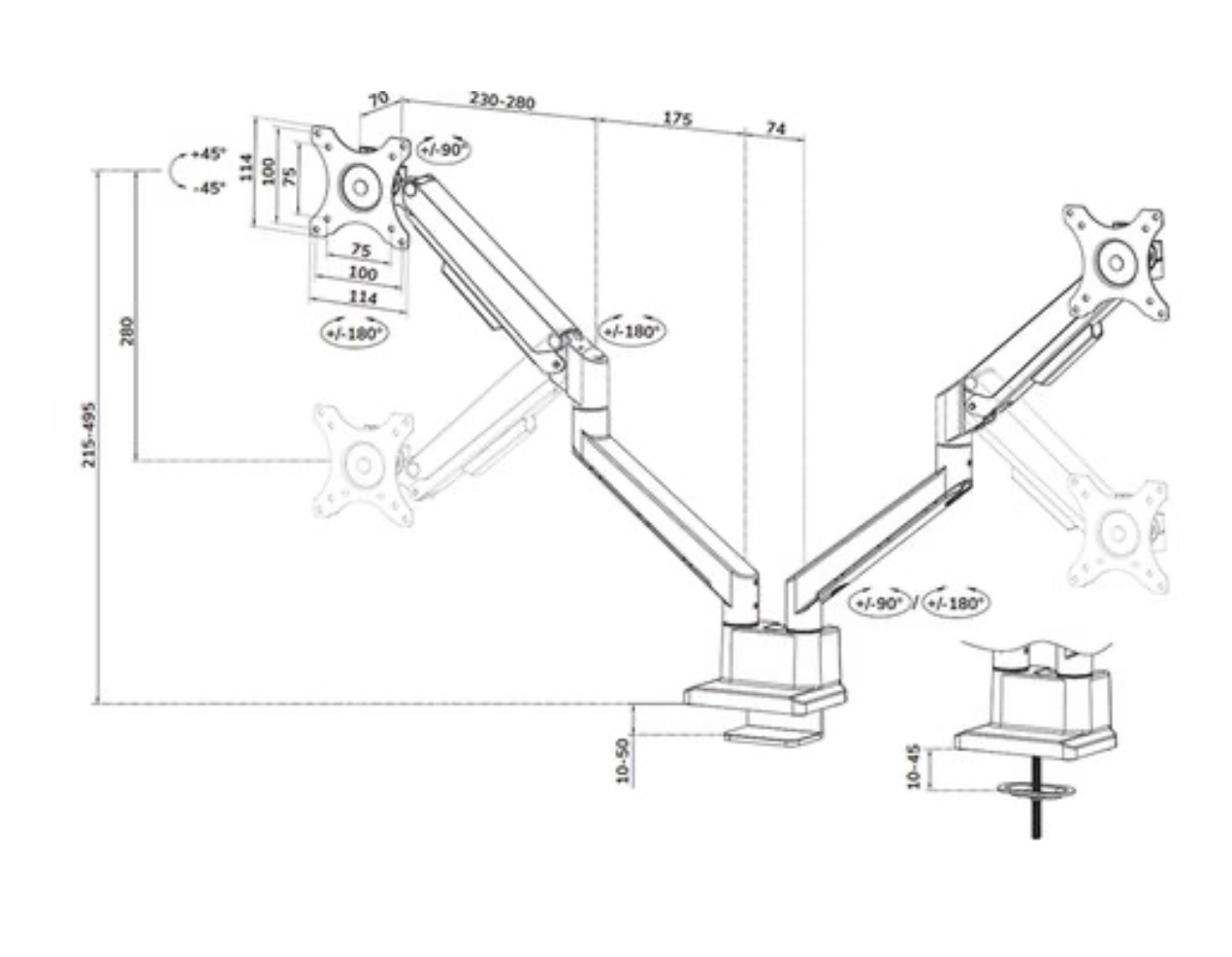 Neomounts DS70-250WH2 Monitorarm 17-32" - gasveer - Topfix - 180°-stop