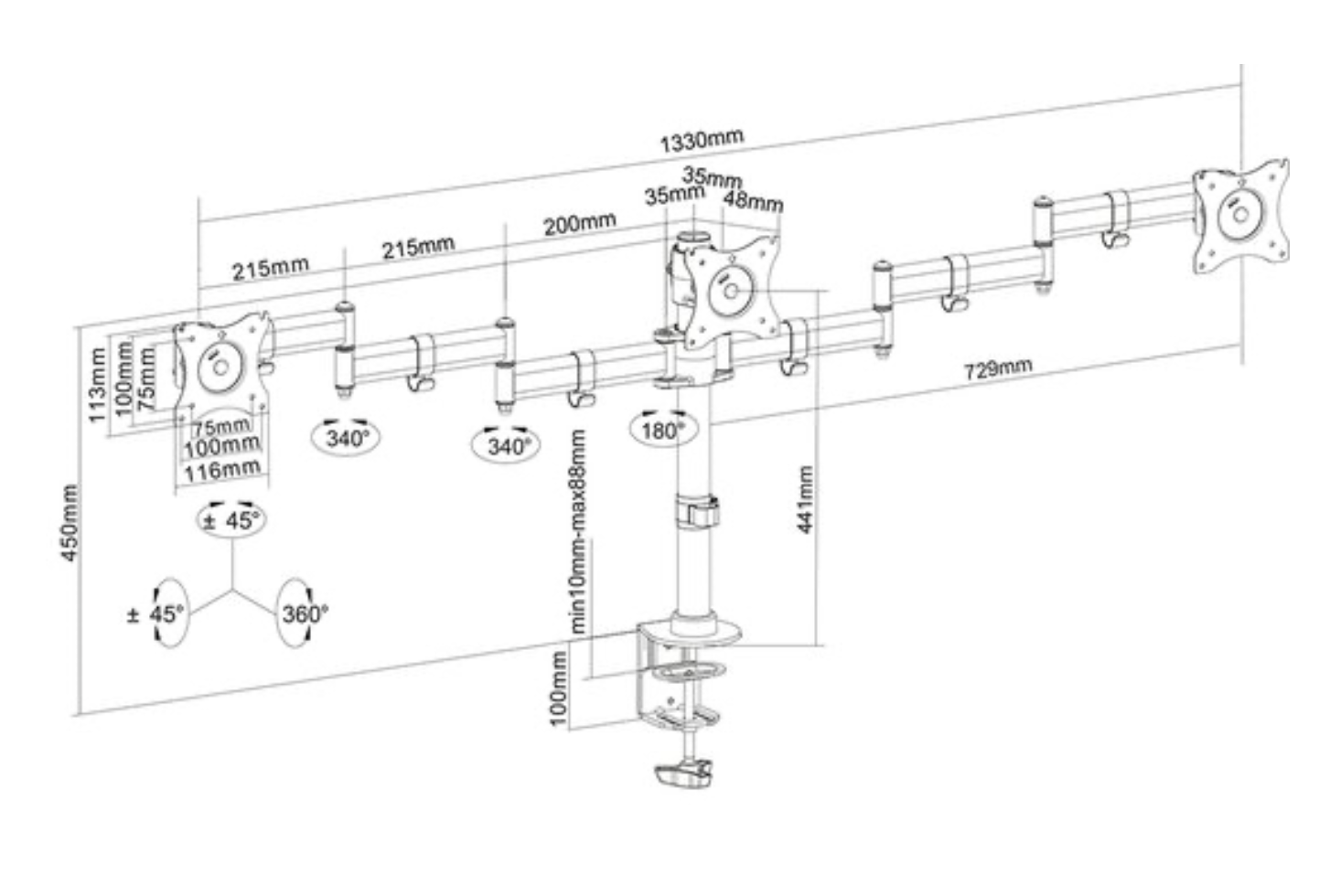 Neomounts NM-D135D3BLACK Monitorarm 3 schermen - 10-27" - 0-8 kg/scherm - zwart