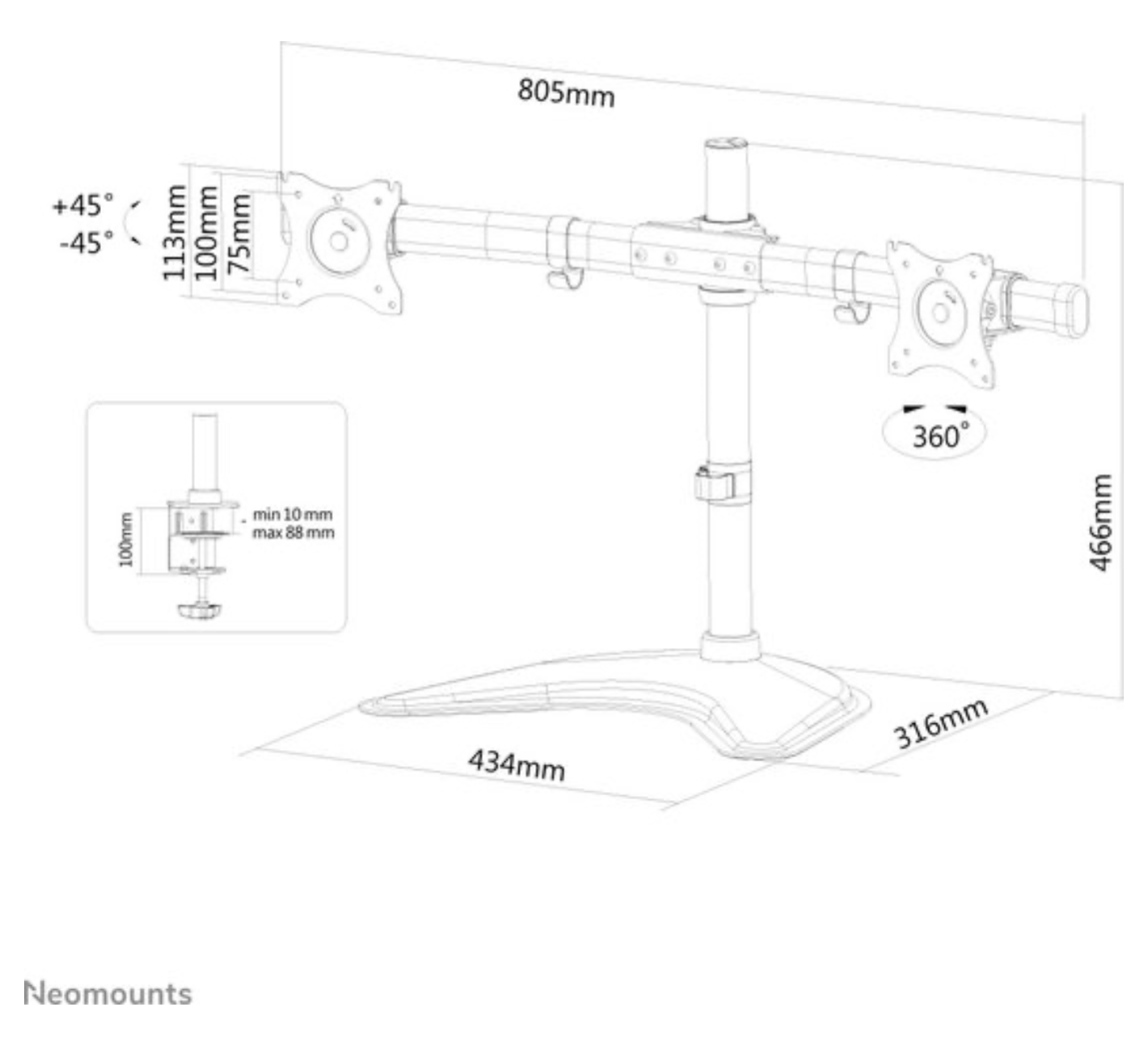 Neomounts NM-D335DBLACK Monitorstandaard 2 schermen 10-27" - 0-8 kg/scherm - zwart