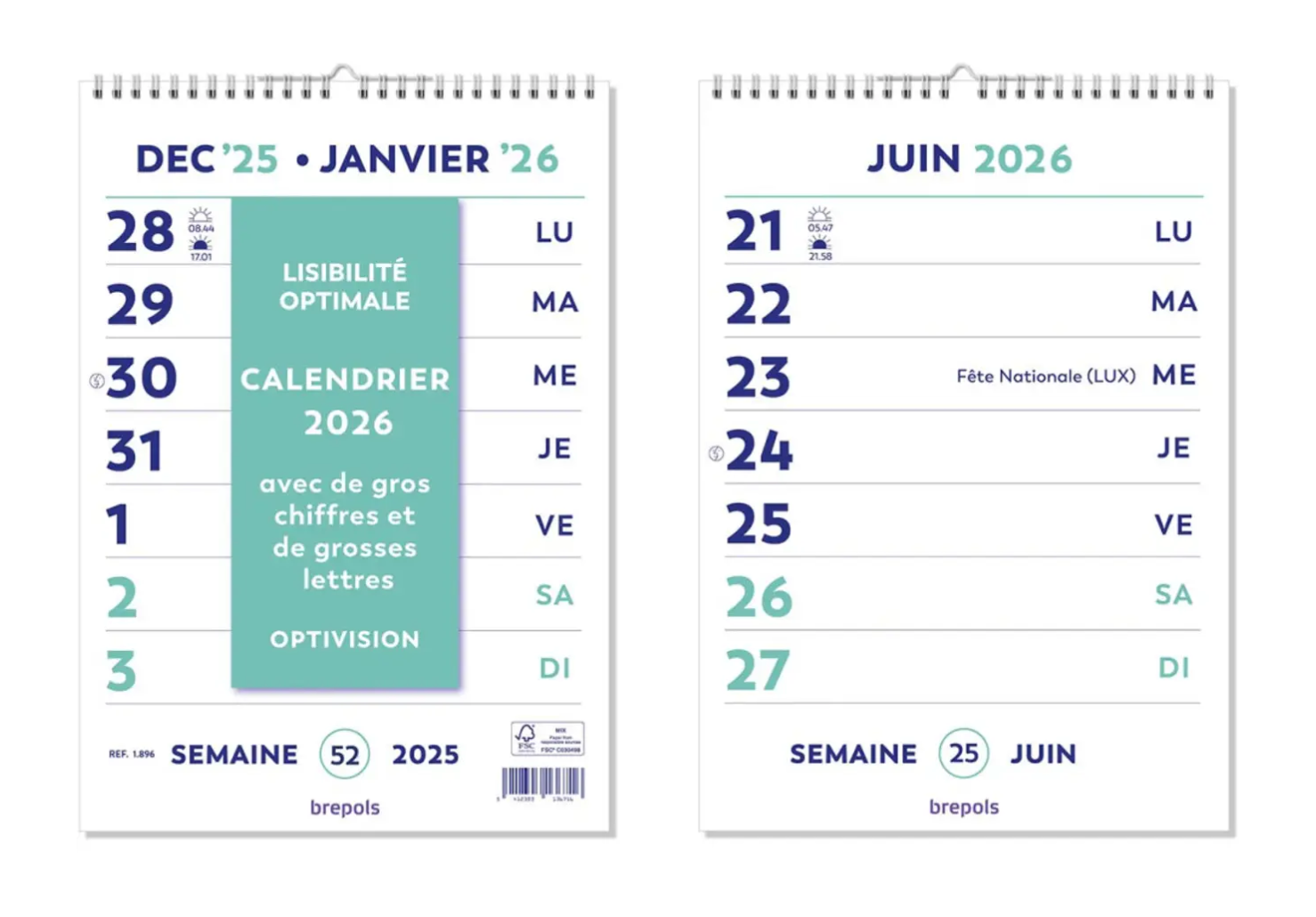 Brepols Optivision Wand-week kalender, Franstalig, 2026