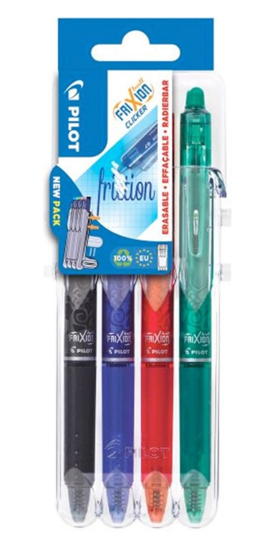 Pilot intrekbare roller FriXion Ball Clicker, medium punt, 0,7 mm, blister met 4 stuks