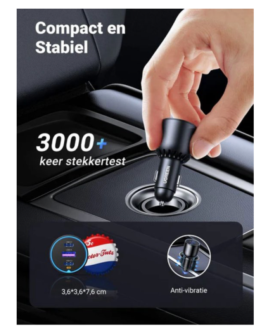 Ugreen 130W 3-Port Fast Car Char gray Hoofdtelefoons, Mobiele computer, Mobiele telefoon, Laptop, Powerbank, Telefoon Grijs Sigarettenaansteker Auto
