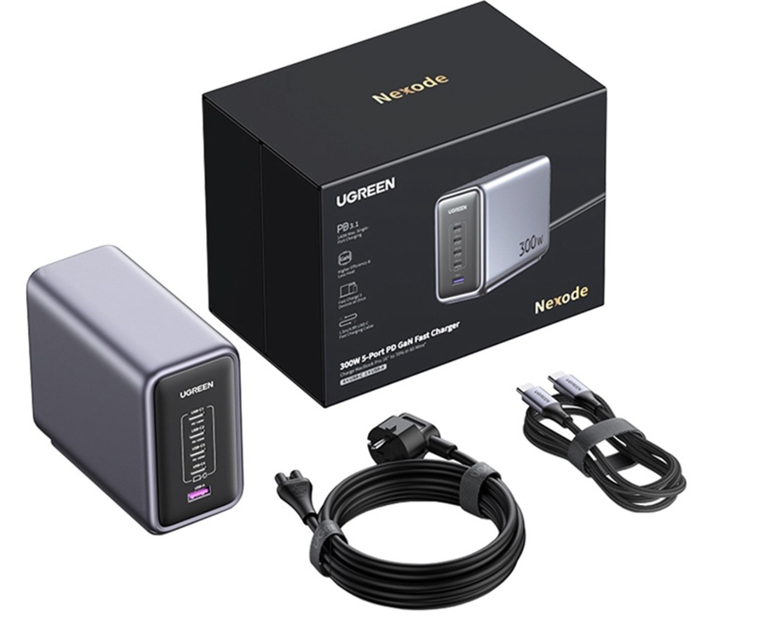 Ugreen 90903B USB C Charger, Nexode 300W Oplader PD 3.1 GaN Lader 5 poorten PPS compatibel 