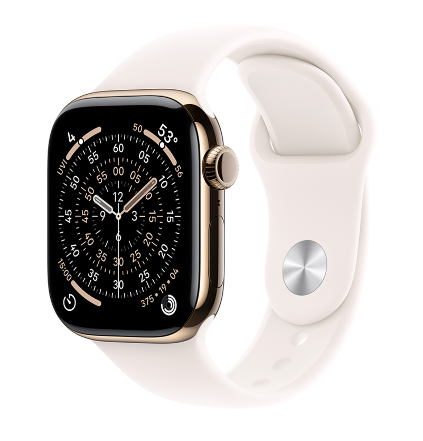 Apple Watch Series 11, 42mm, GPS + Cellular, Titanium, Sportbandje M/L, Goud (Roze)