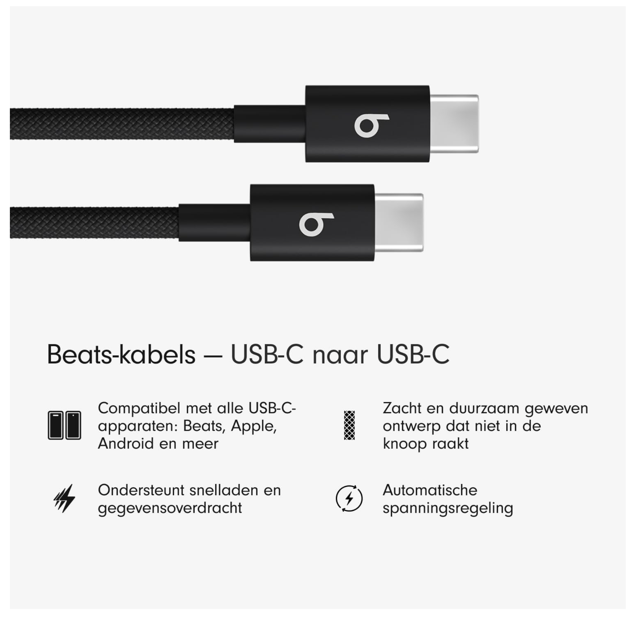 eats-kabel voor USB-C naar USB-C Geweven, snelladen, stevig ontwerp dat niet in de knoop raakt, compatibele oplader voor Apple- en Android-apparaten (1,5 m) zwart