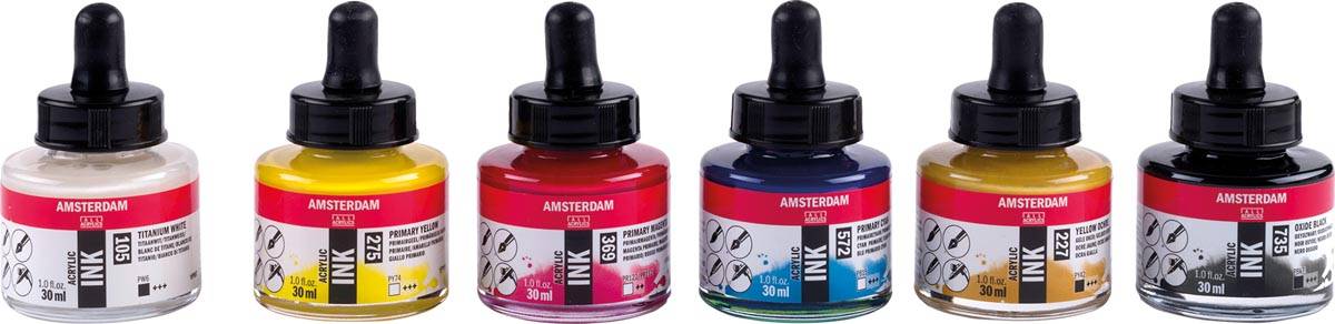 Amsterdam acryl inkt Bassisset, set met 6 flacons van 30 ml, assorti