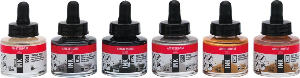 Amsterdam acryl inkt Lettering, set met 6 flacons van 30 ml, assorti