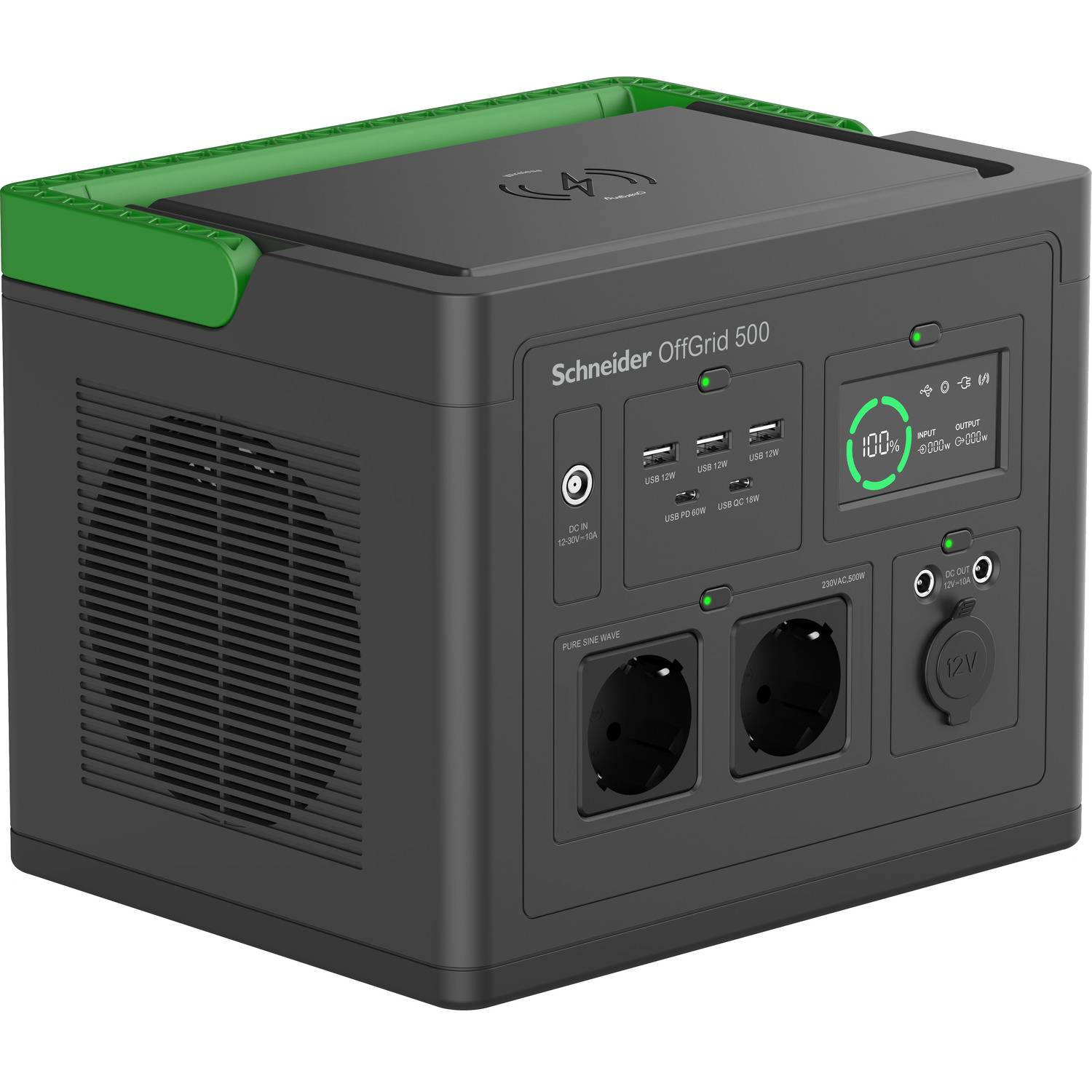 APC SE OffGrid Portable Power Station 500 - Li-Ion accu, LCD, 2x stopcontact, 3x USB-A, 2x USB-C, 3x 12V, draadloze lader
