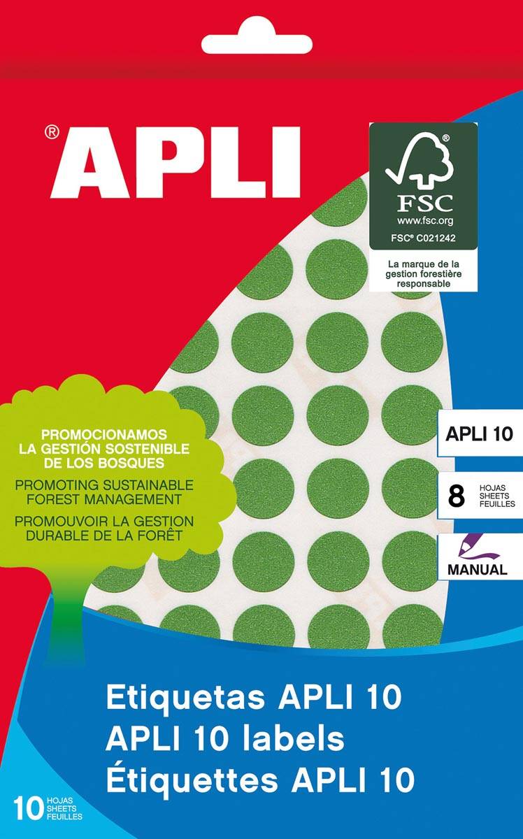 Apli ronde etiketten in etui diameter 19 mm, geassorteerde kleuren, 100 stuks, 20 per blad (7109)