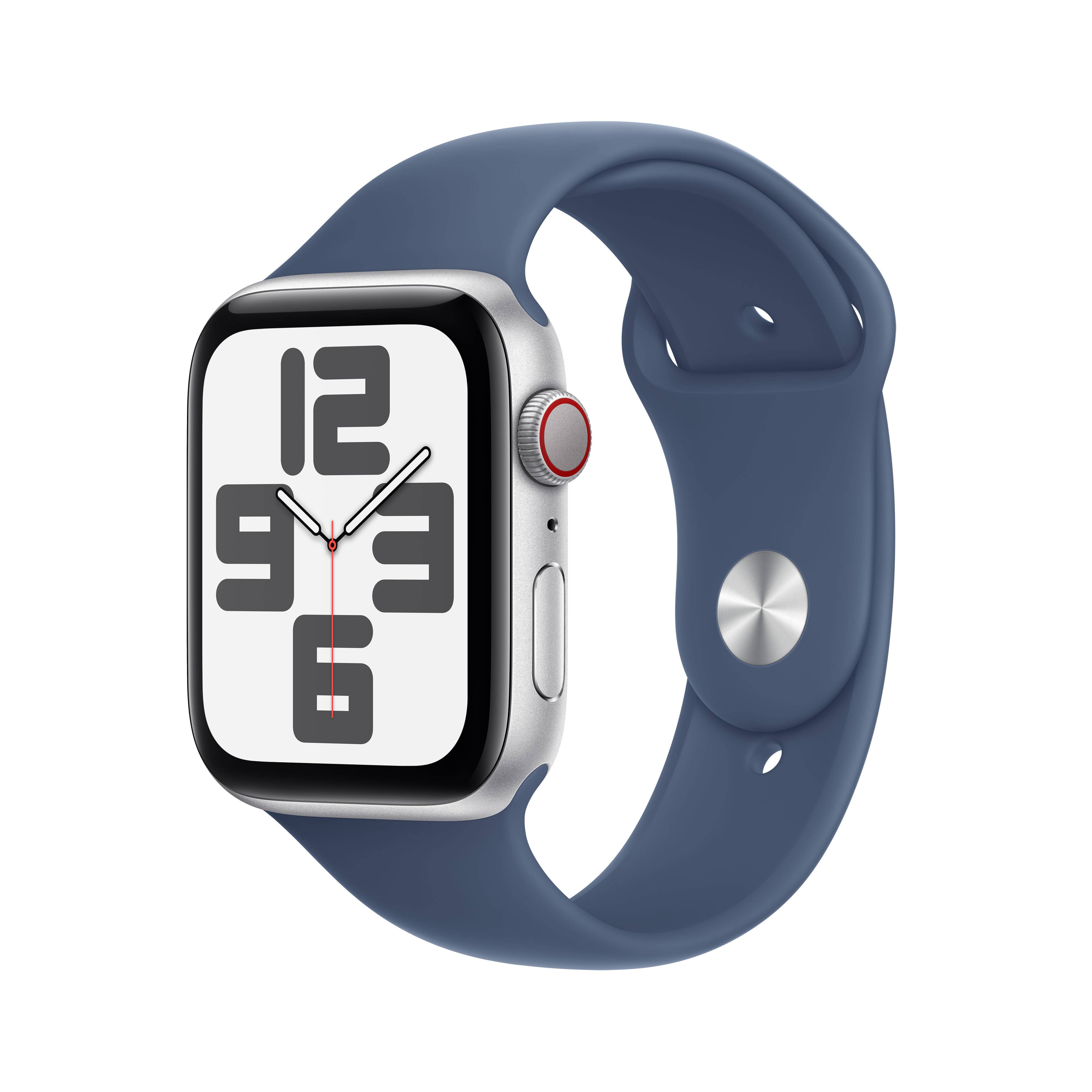 Apple Watch SE (2024), 44mm, GPS + Cellular, Sportbandje S/M, Zilver (Blauw)