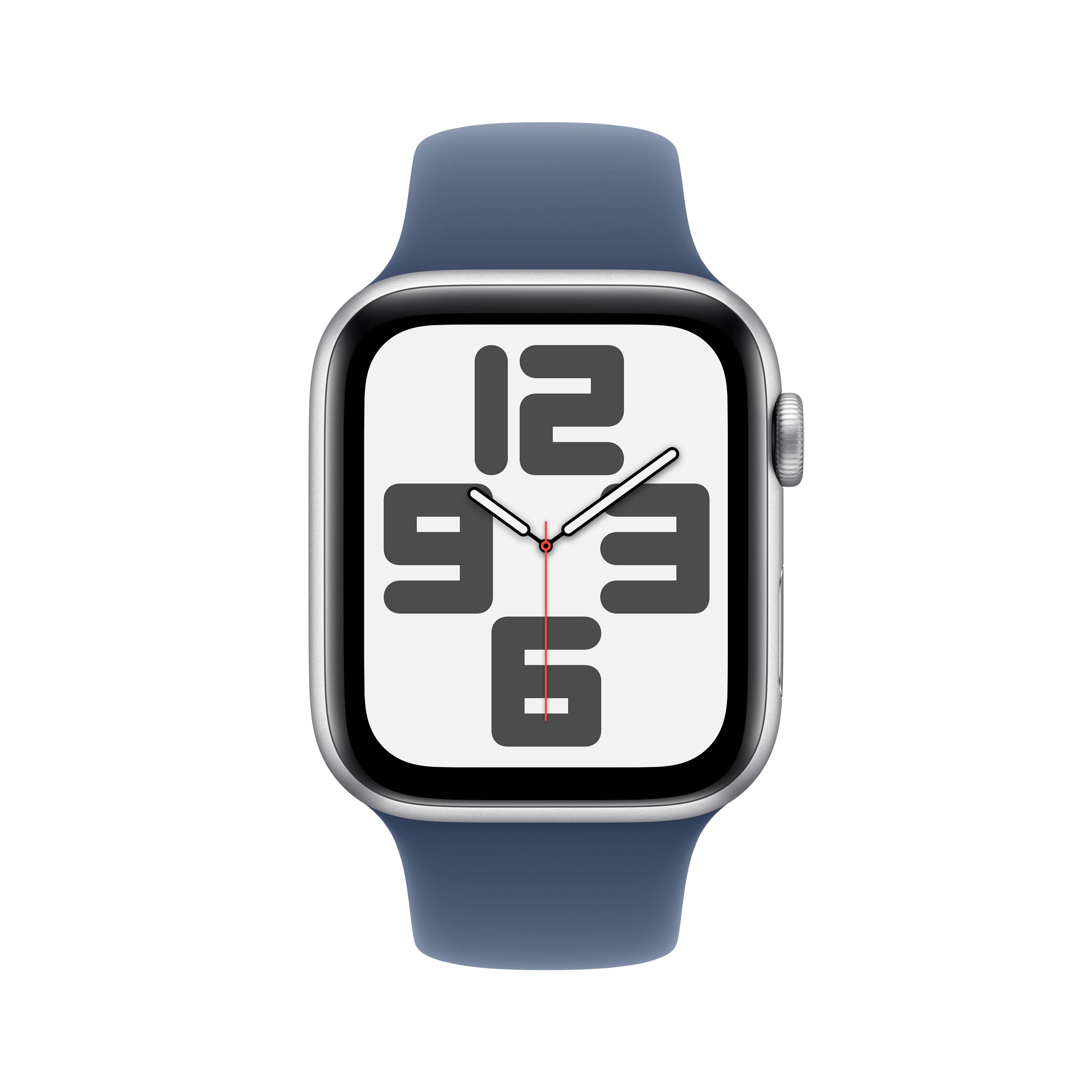 Apple Watch SE (2024), 44mm, GPS + Cellular, Sportbandje S/M, Zilver (Blauw)