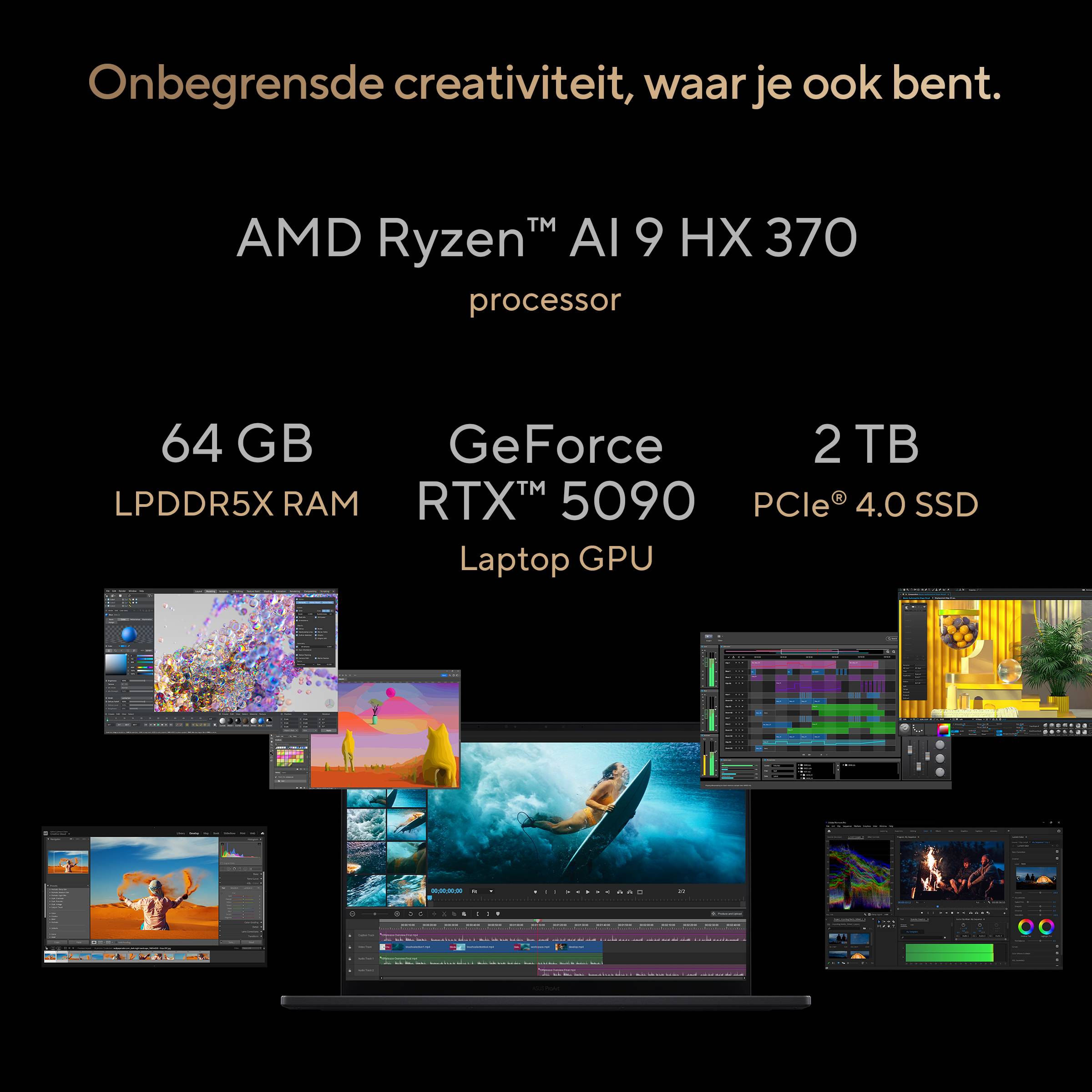 ASUS ProArt P16 H7606WX-SE002X Copilot+ PC AMD Ryzen AI 9 HX 370 Laptop 40,6 cm (16") Touchscreen WQUXGA 64 GB LPDDR5x-SDRAM 4 TB SSD NVIDIA GeForce RTX 5090 Wi-Fi 7 (802.11be) Windows 11 Pro Nederlands Zwart