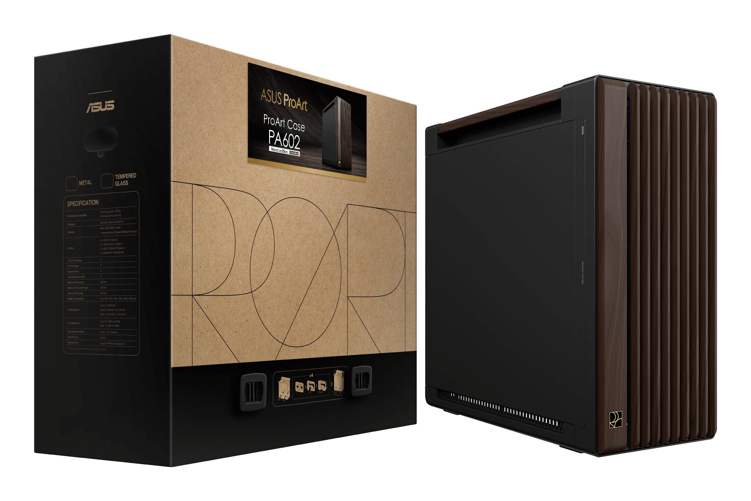 ASUS ProArt PA602 Wood Edition Modern Black - Metal Panel Midi Tower Zwart, Hout