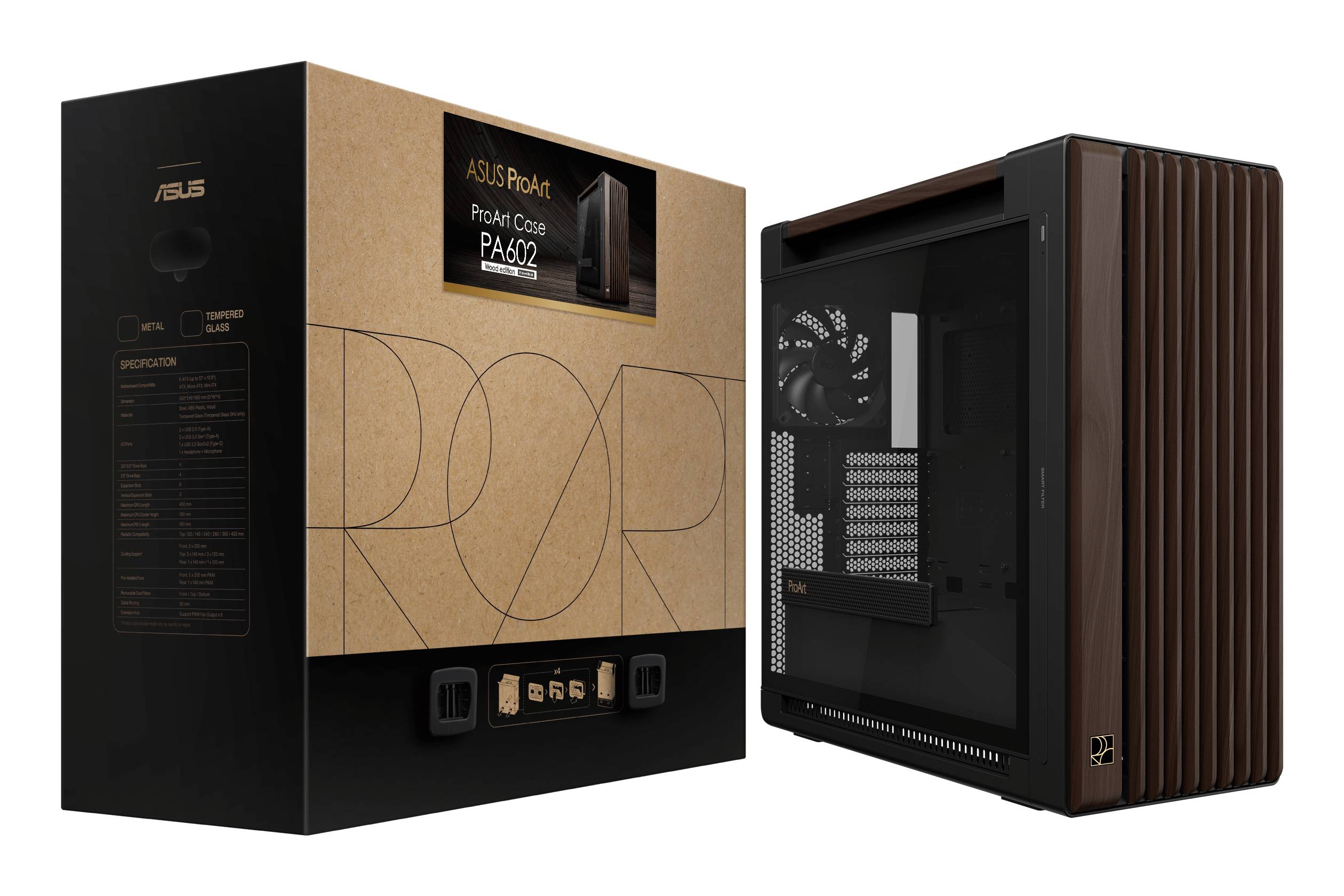 ASUS ProArt PA602 Wood Edition Modern Black - Tempered Glass Panel Midi Tower Zwart, Hout