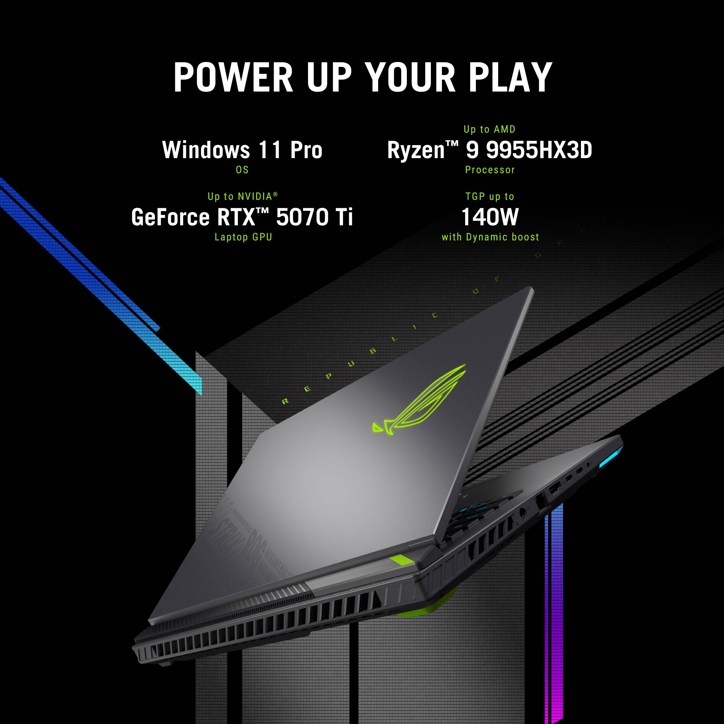 ASUS ROG Strix G16 G614FR-S5013W Copilot+ PC AMD Ryzen™ 9 Laptop 40,6 cm (16") WQXGA 32 GB DDR5-SDRAM 2 TB SSD NVIDIA GeForce RTX 5070 Ti Wi-Fi 6E (802.11ax) Windows 11 Home Nederlands Zwart, Groen, Grijs