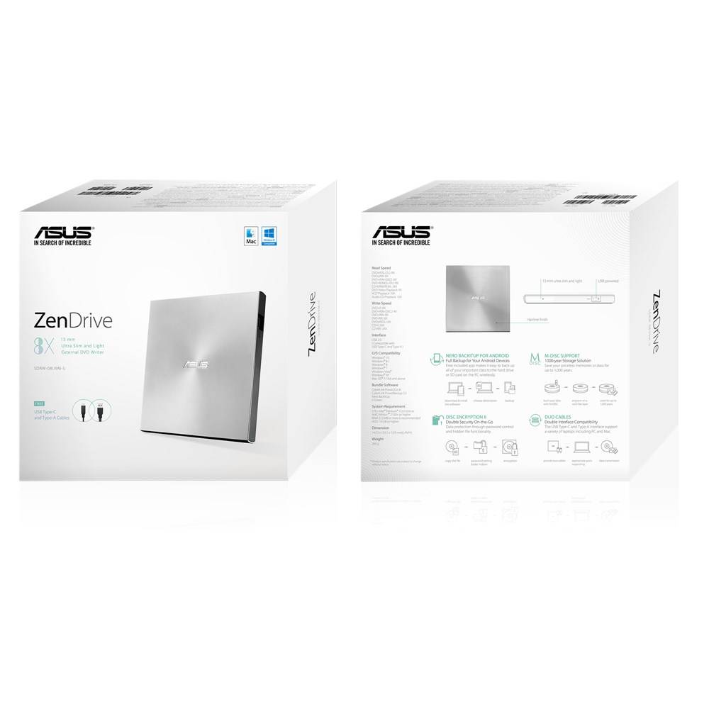 ASUS ZenDrive U9M optisch schijfstation DVD±RW Zilver