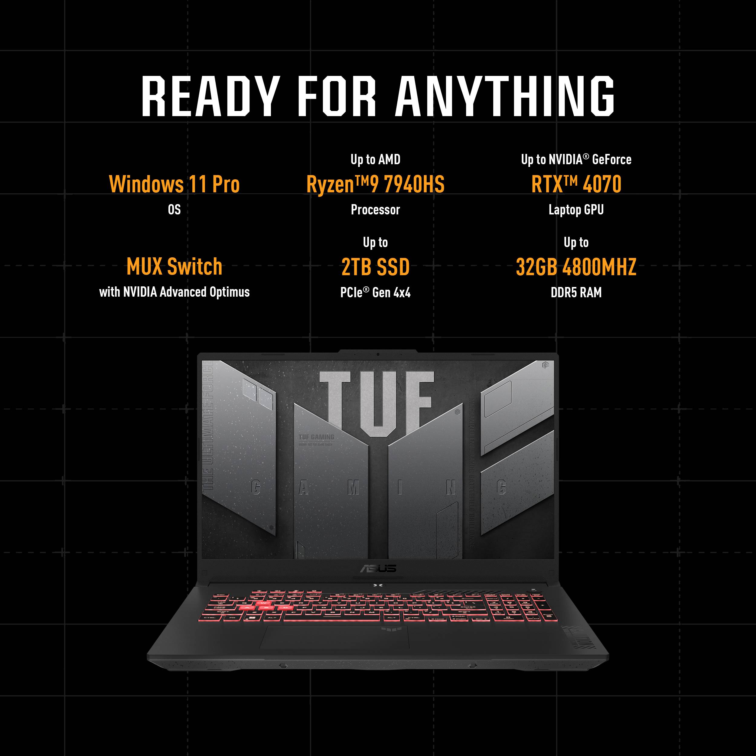 ASUS TUF Gaming A17 FA707NVR-HX013W AMD Ryzen™ 7 7435HS Laptop 43,9 cm (17.3") Full HD 16 GB DDR5-SDRAM 1 TB SSD NVIDIA GeForce RTX 4060 Wi-Fi 6 (802.11ax) Windows 11 Home Belgisch Grijs