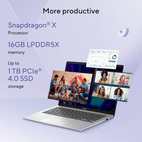 ASUS Vivobook 14 X1407QA-LY089W Copilot+ PC Snapdragon X1-26-100 Laptop 35,6 cm (14") WUXGA 16 GB LPDDR5x-SDRAM 512 GB SSD Wi-Fi 6E (802.11ax) Windows 11 Home Nederlands Zilver