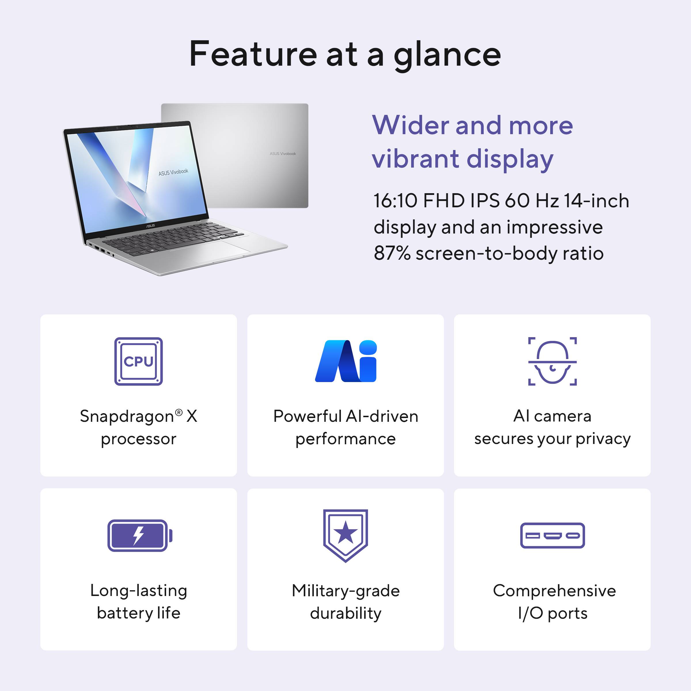 ASUS Vivobook 14 X1407QA-LY089W Copilot+ PC Snapdragon X1-26-100 Laptop 35,6 cm (14") WUXGA 16 GB LPDDR5x-SDRAM 512 GB SSD Wi-Fi 6E (802.11ax) Windows 11 Home Nederlands Zilver