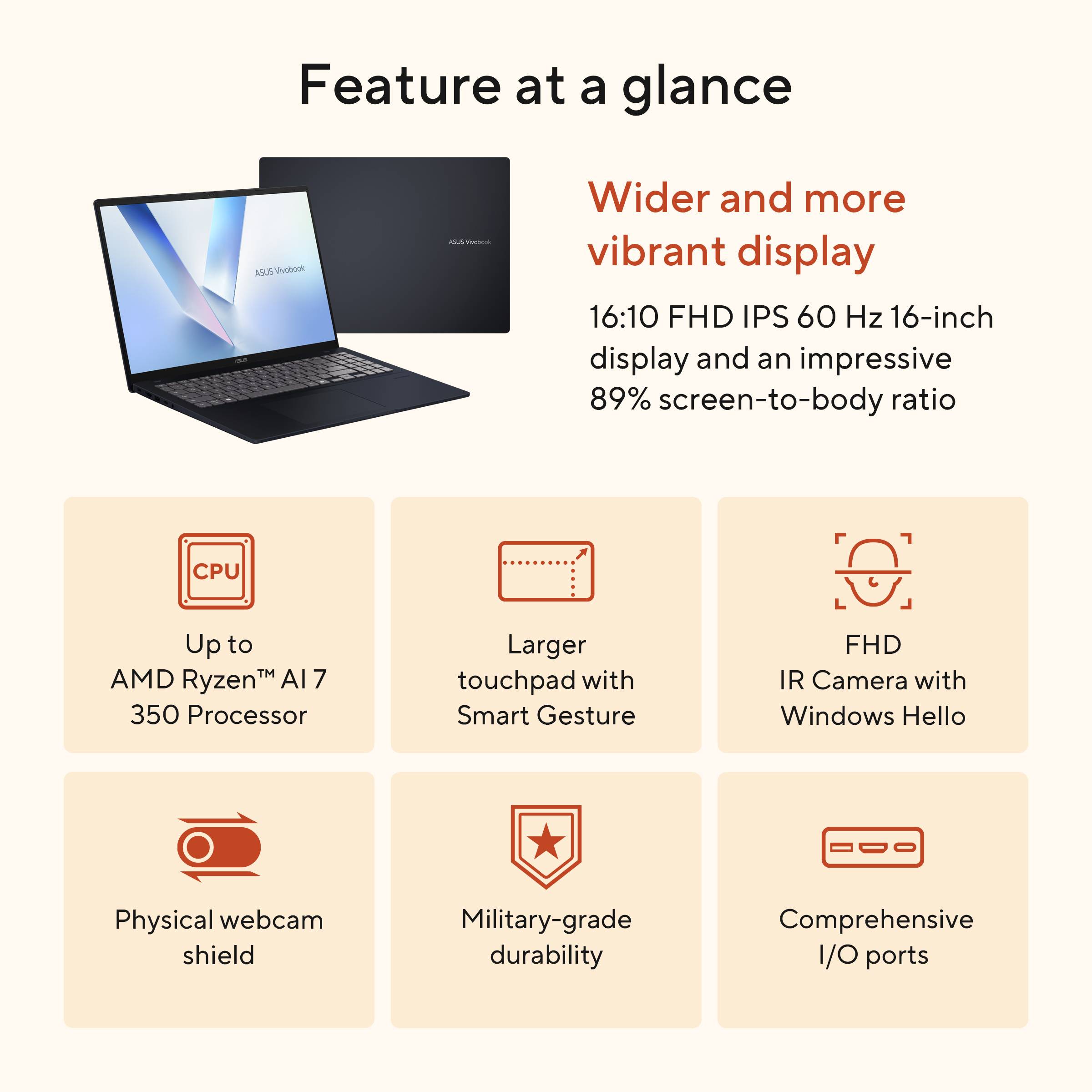 ASUS Vivobook 16 M1607KA-MB5NDW Copilot+ PC AMD Ryzen AI 5 330 Laptop 40,6 cm (16") WUXGA 16 GB DDR5-SDRAM 512 GB SSD Wi-Fi 6 (802.11ax) Windows 11 Home Nederlands Blauw, Zilver
