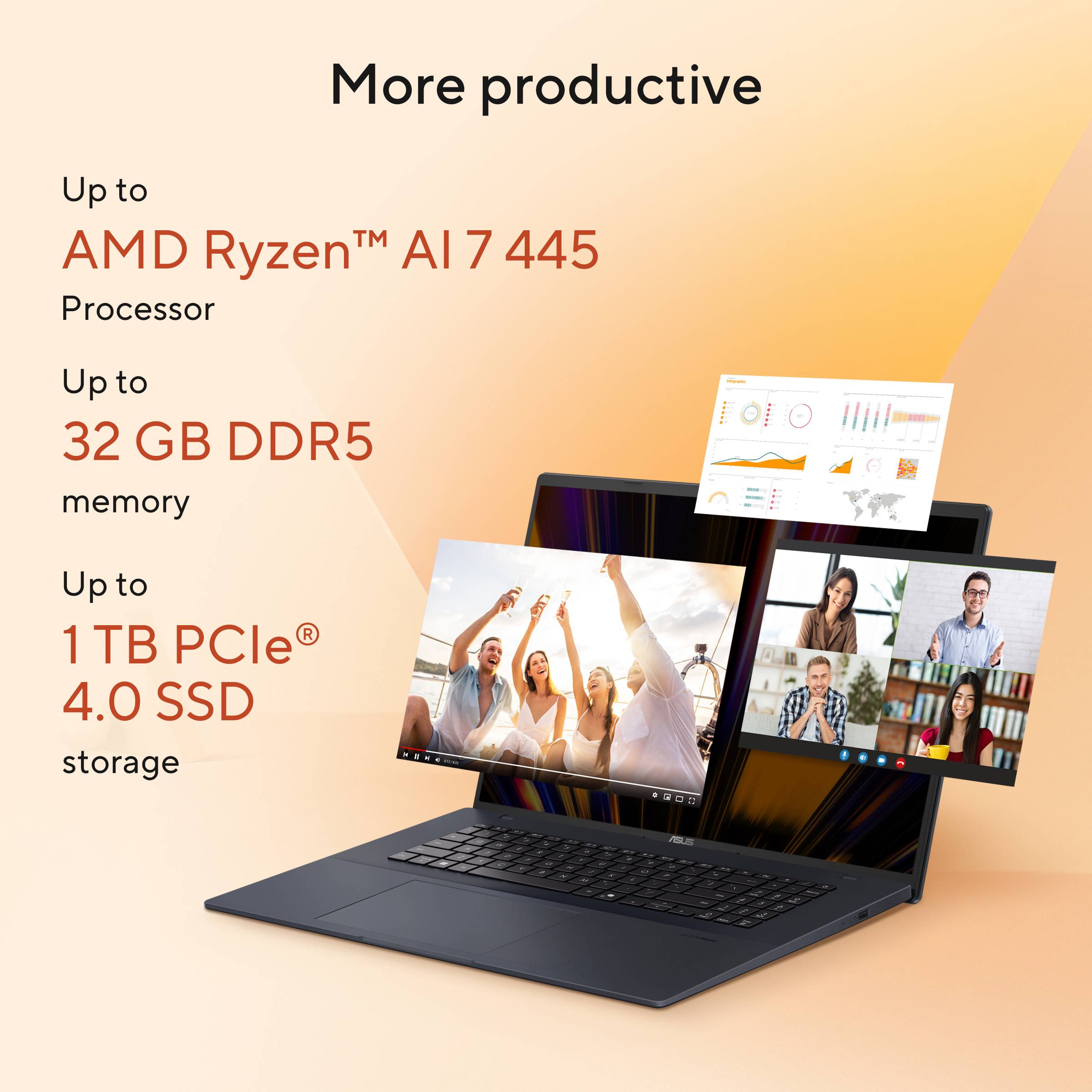 ASUS Vivobook 18 M1807GA-S8NADW Copilot+ PC AMD Ryzen AI 7 445 Laptop 45,7 cm (18") WUXGA 32 GB DDR5-SDRAM 1 TB SSD Wi-Fi 6 (802.11ax) Windows 11 Home Nederlands Blauw