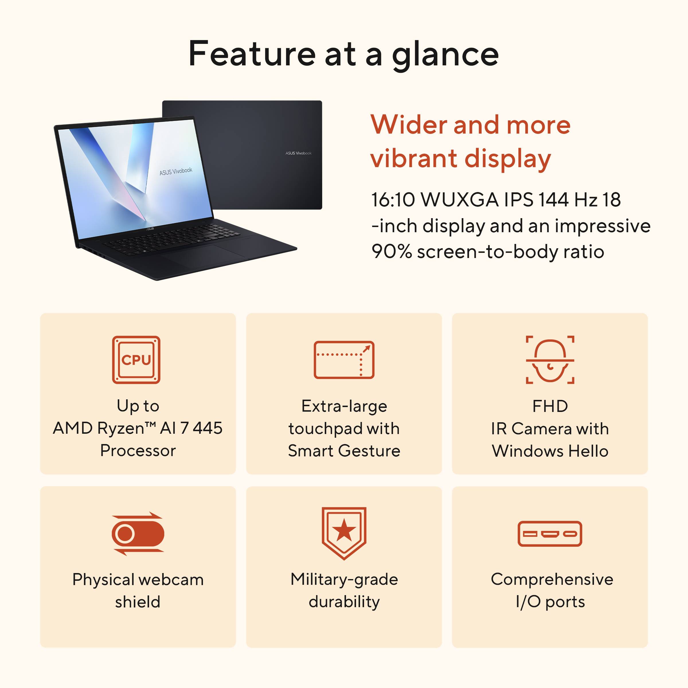 ASUS Vivobook 18 M1807GA-S8NADW Copilot+ PC AMD Ryzen AI 7 445 Laptop 45,7 cm (18") WUXGA 32 GB DDR5-SDRAM 1 TB SSD Wi-Fi 6 (802.11ax) Windows 11 Home Nederlands Blauw