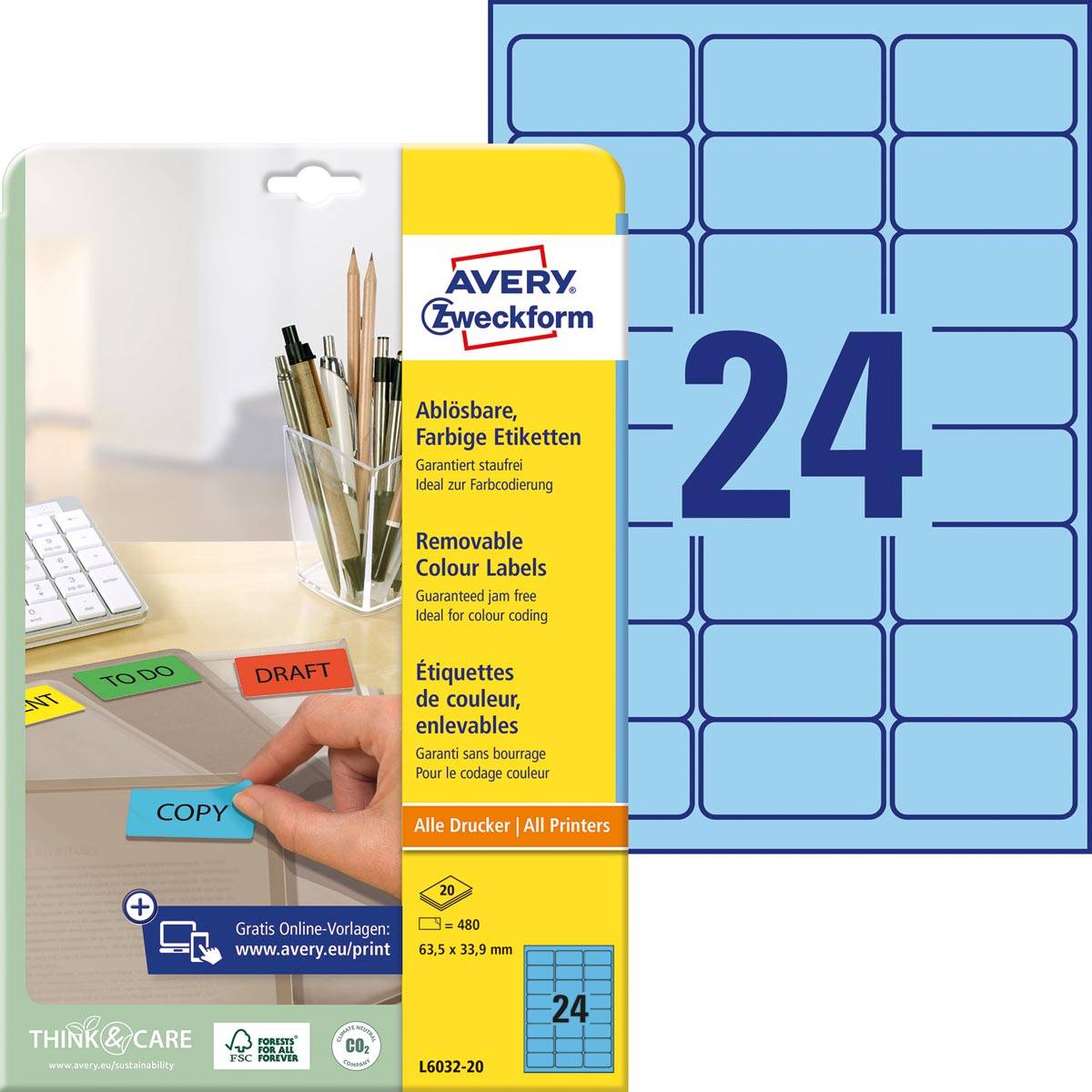 Avery afneembare gekleurde etiketten ft 63,5 x 33,9 mm (b x h), 480 stuks, 24 per blad, blauw