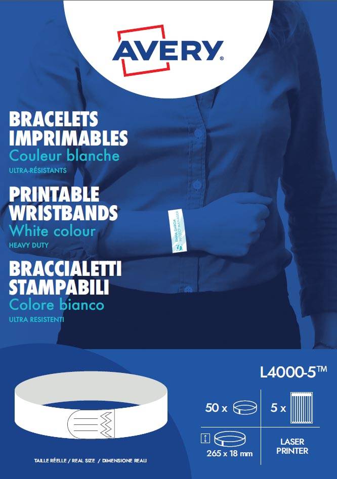 Avery bedrukbare polsbandjes, ft 18 x 265 mm, wit, pak van 50 etiketten