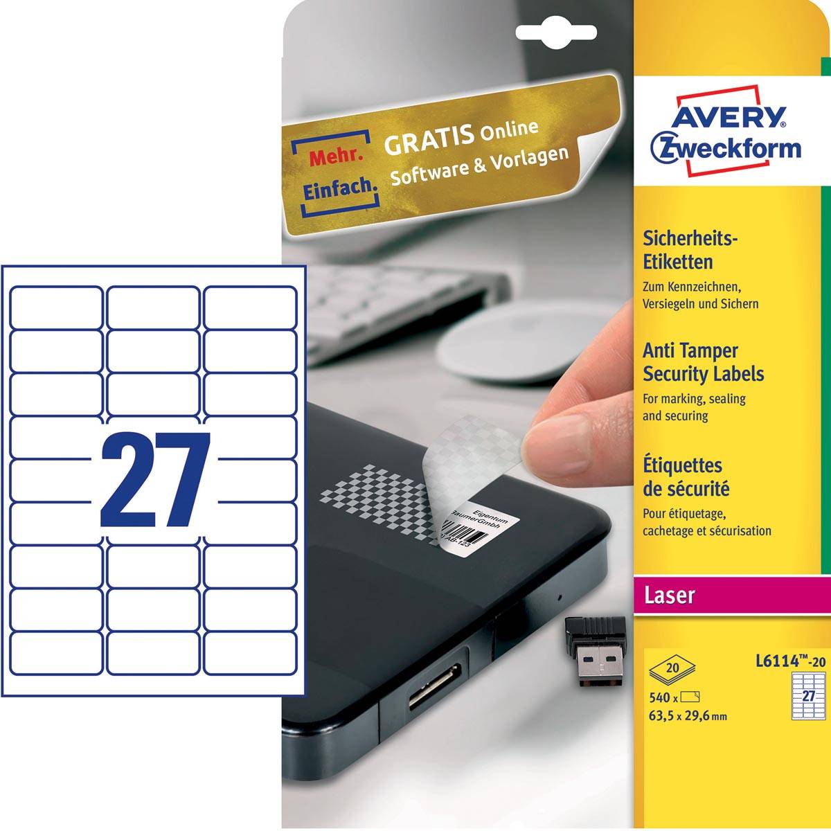 Avery bestendige veiligheidsetiketten, ft 63,5 x 29,6 mm, 540 stuks, 27 per vel, doos van 20 vel
